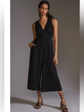 Hutch Anthropologie Sleeveless Cropped Wide Leg Jumpsuit Smock Waist Black Small